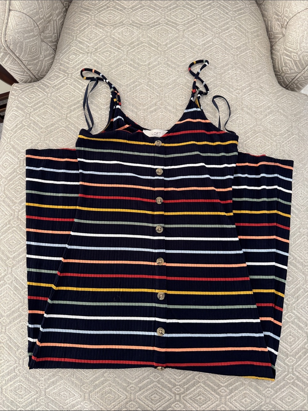 LOFT Navy Striped Button-Front Maxi Dress with Multicolor Stripes